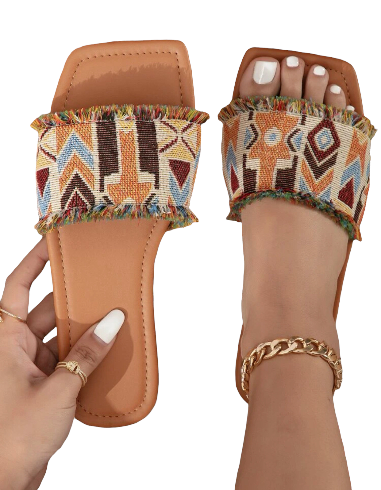 Color block raw trim slide sandals