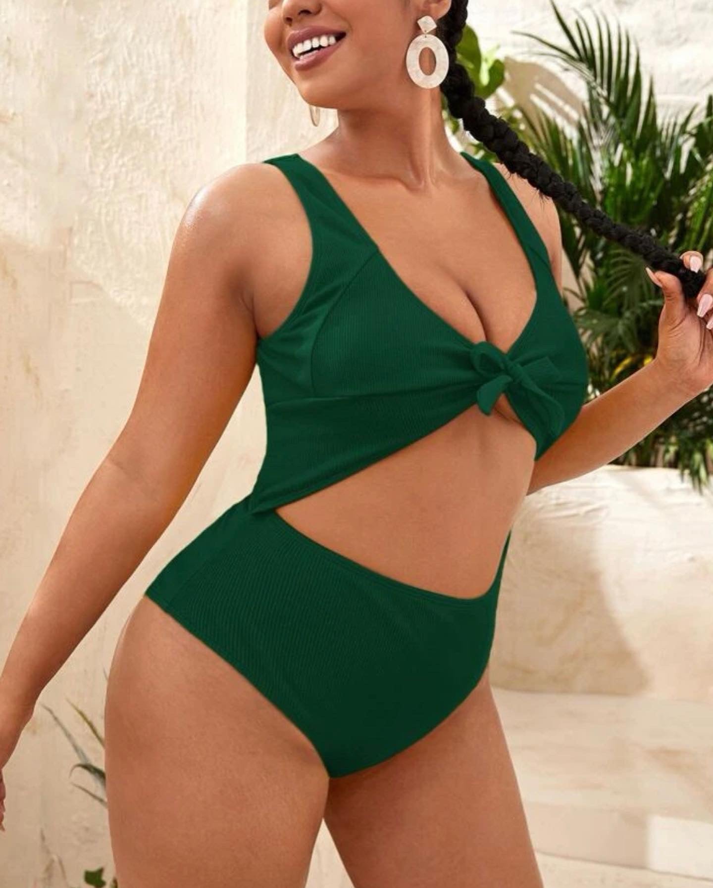 Curve & plus ribbed cut-out knot front one piece swimsuit