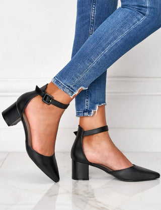 Black buckle decor point toe chunky heeled ankle strap pumps