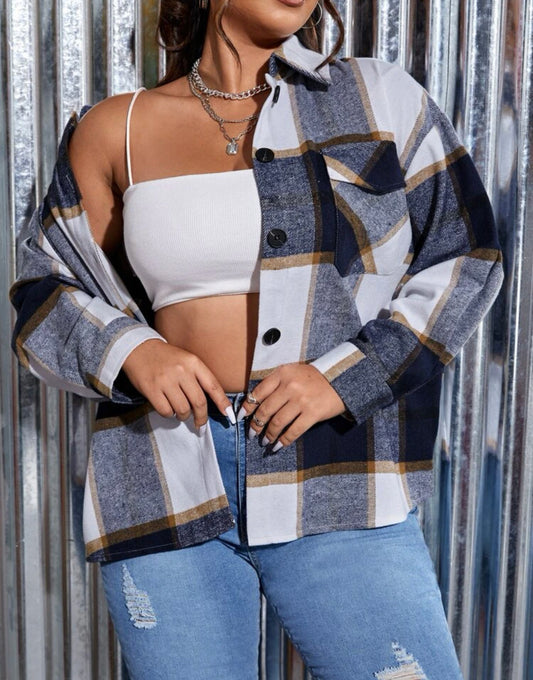 Curve & plus plaid flap pocket drop shoulder coat