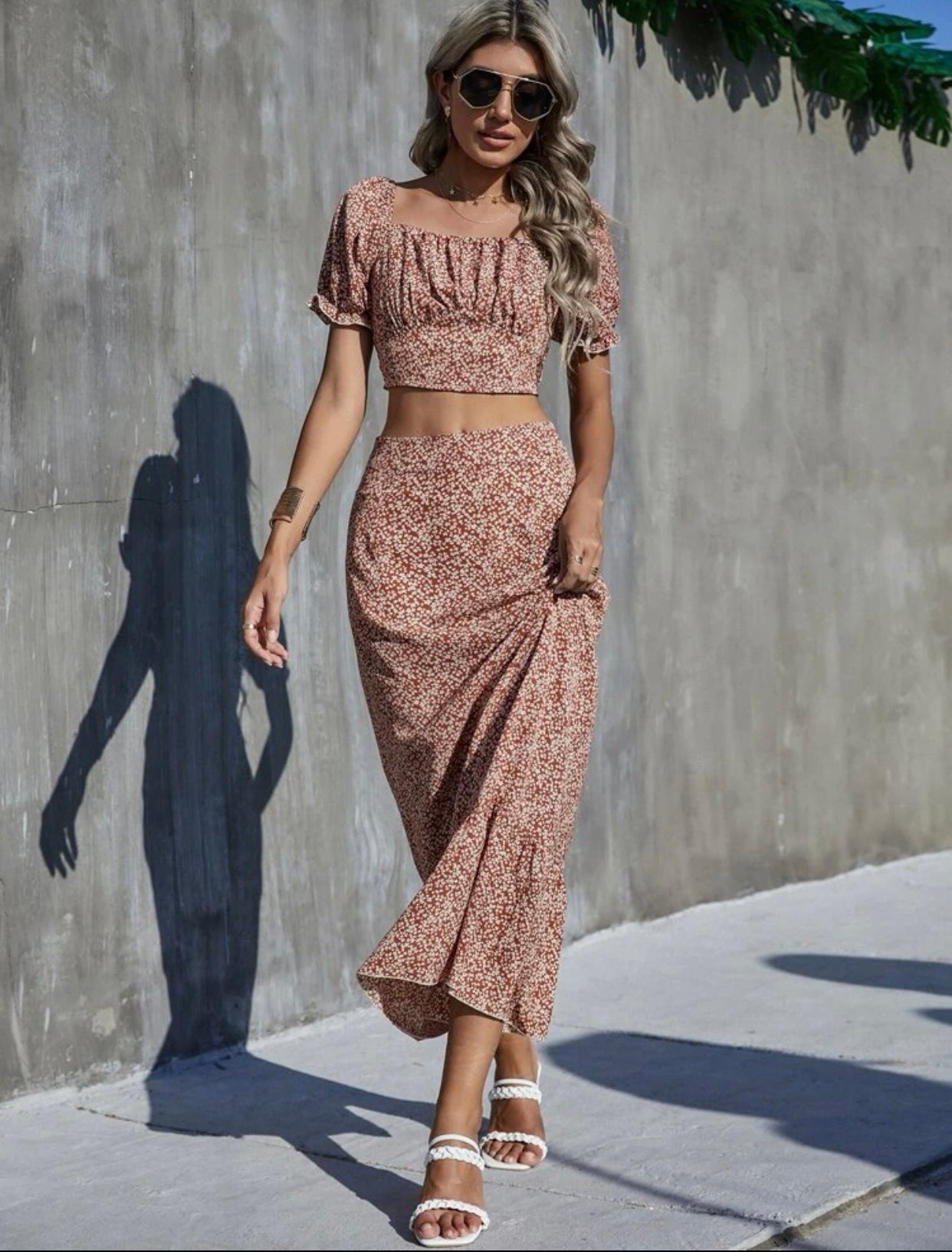 Ditsy floral shirred back ruched bust crop top & skirt set