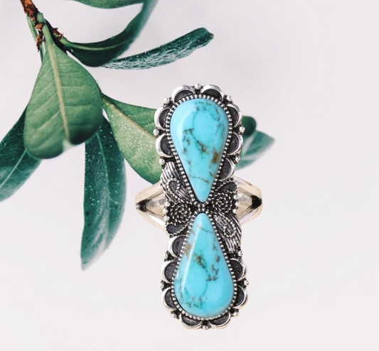 Turquoise decor waterdrop style statement ring. Size 8.