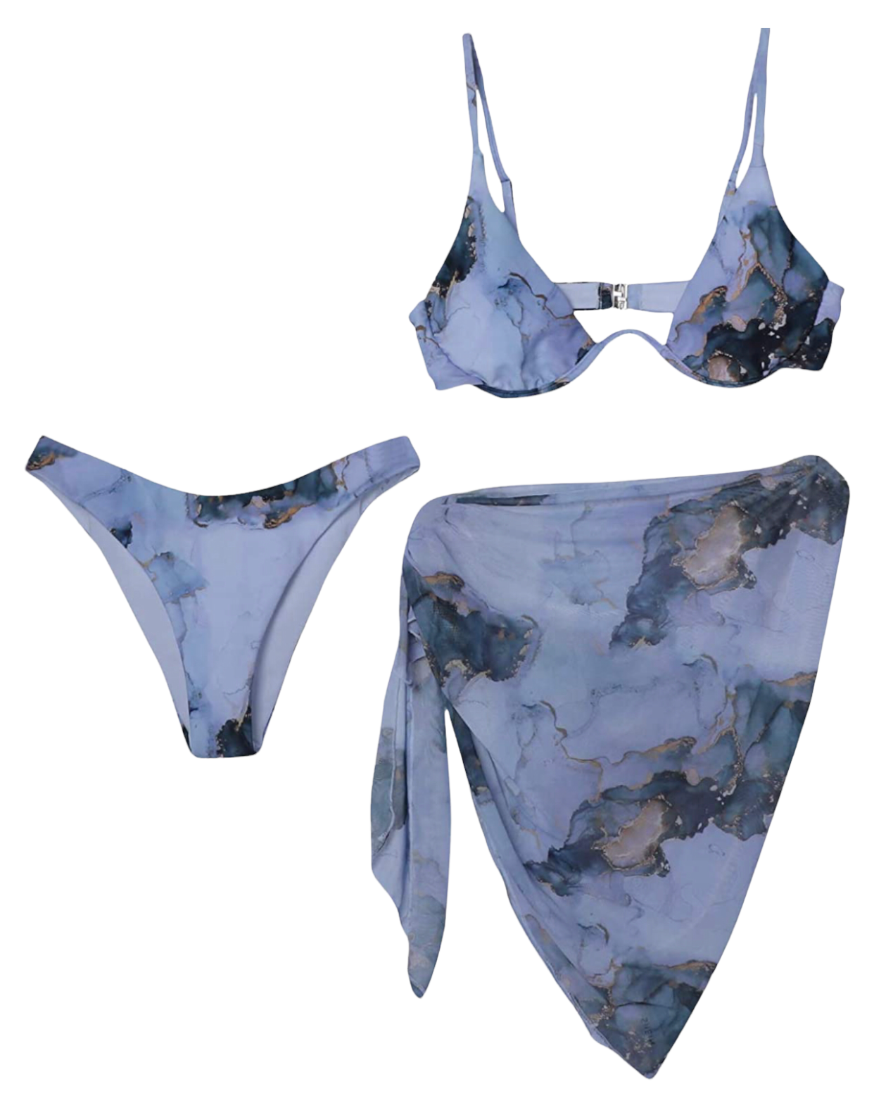 Women's 3 Piece Tie Dye Underwire Bikini Set Swimsuit and Cover Up Beach Skirt