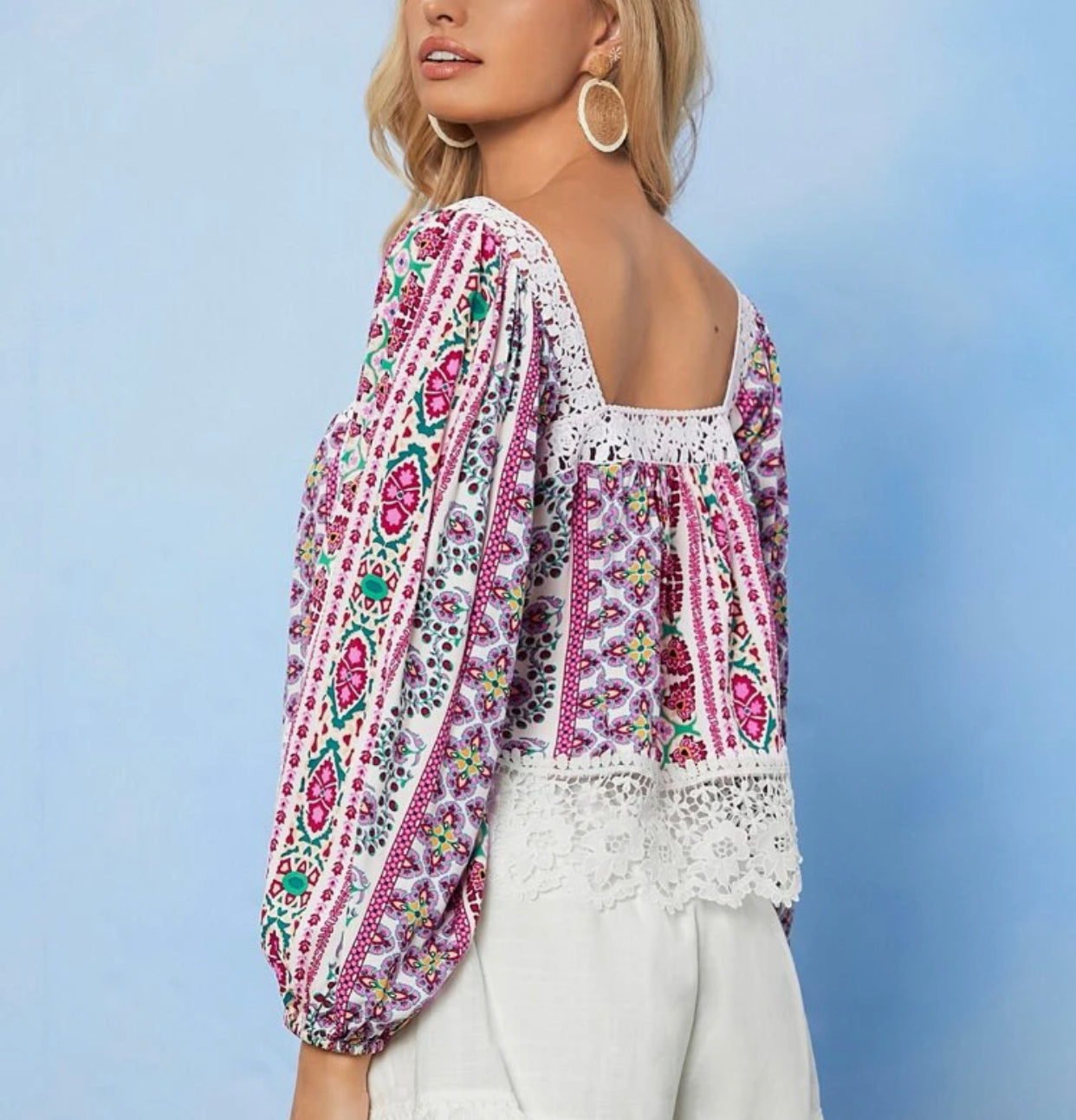 Lantern sleeve guipure lace trim floral print top