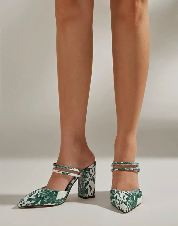 Vegan Snakeskin embossed point toe chunky heeled mules