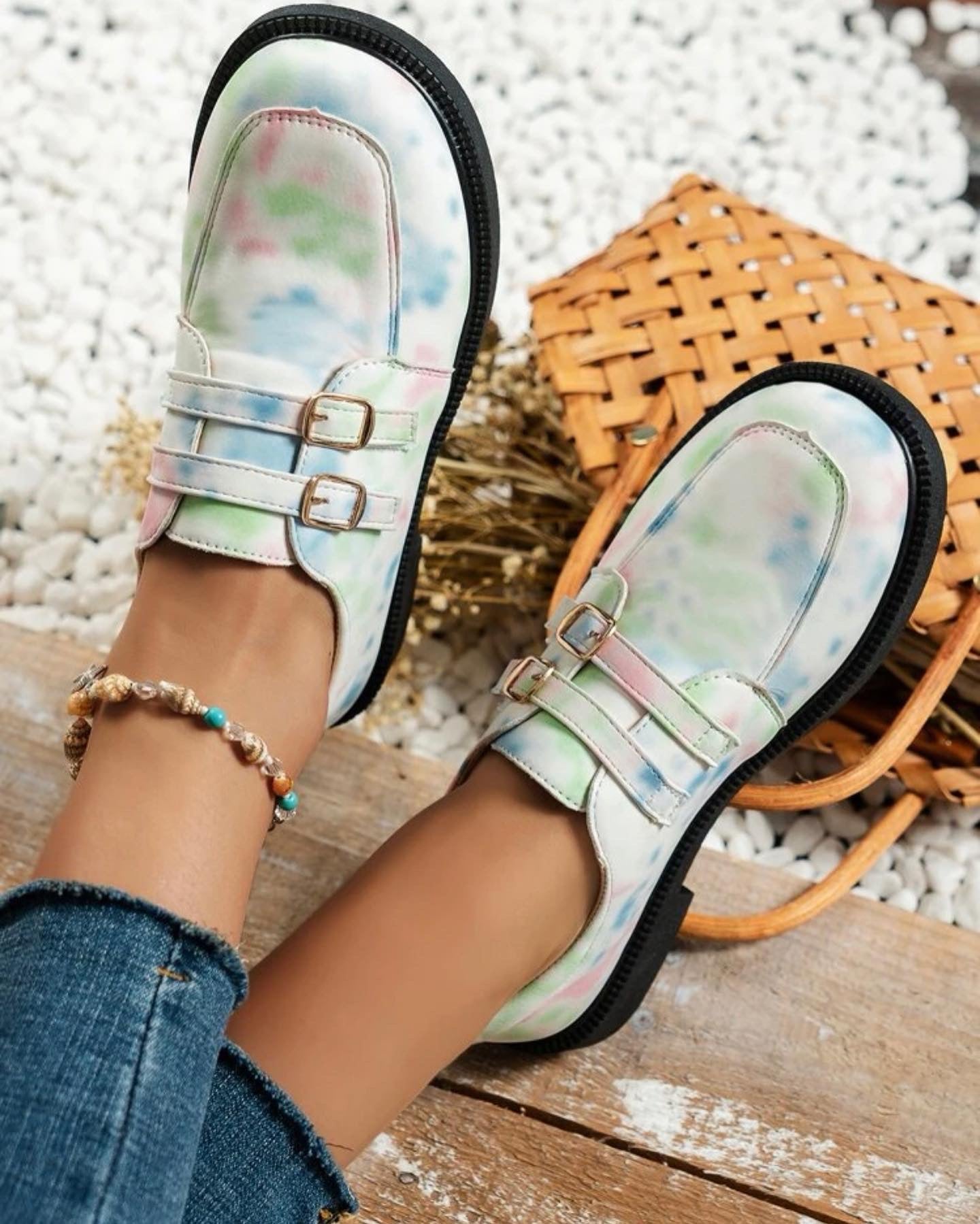 Tie dye buckle decor flat loafers
