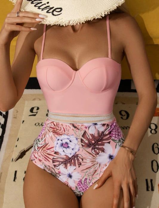 Random tropical & pineapple print push up one piece swimsuit