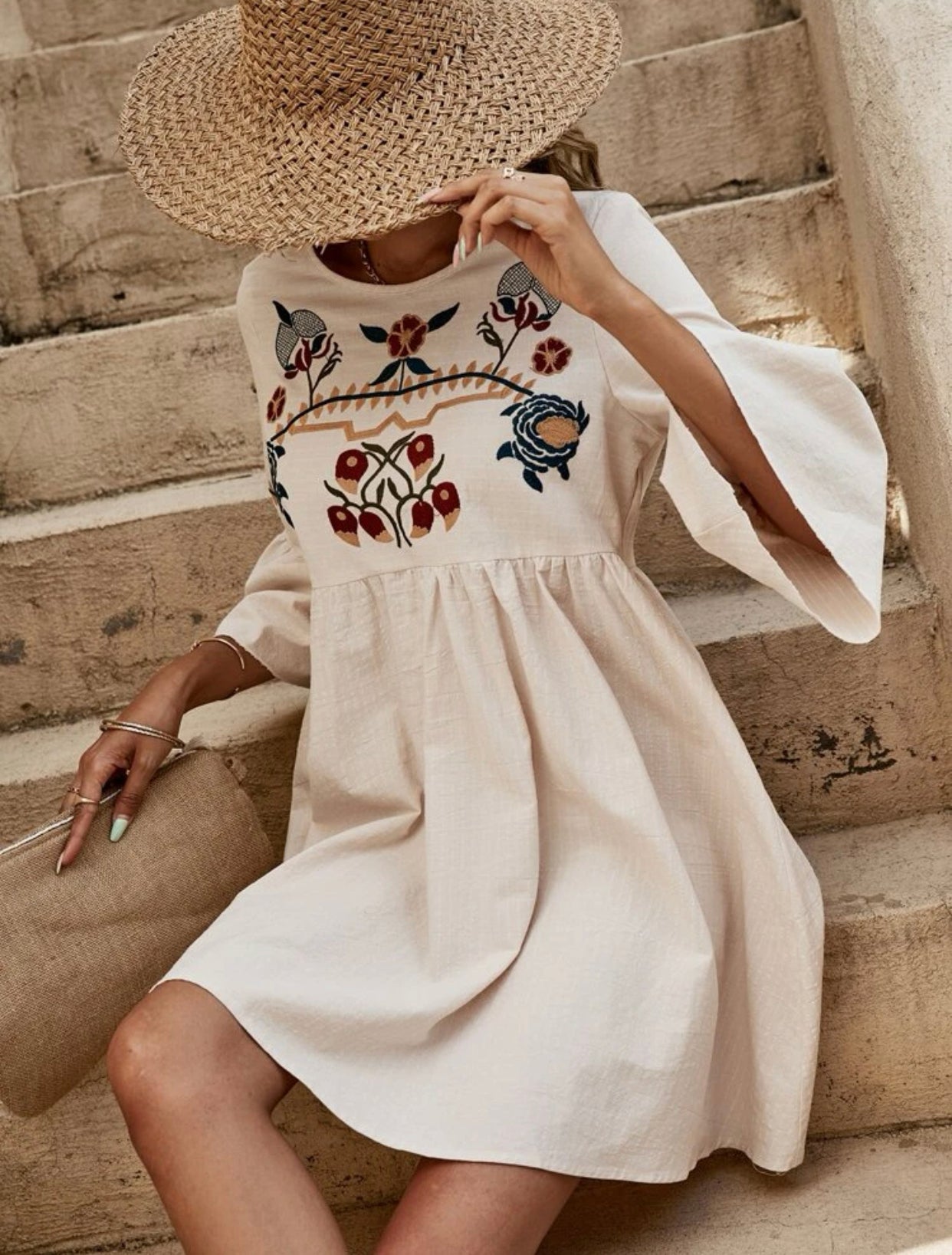 Floral embroidered trumpet sleeve smock dress