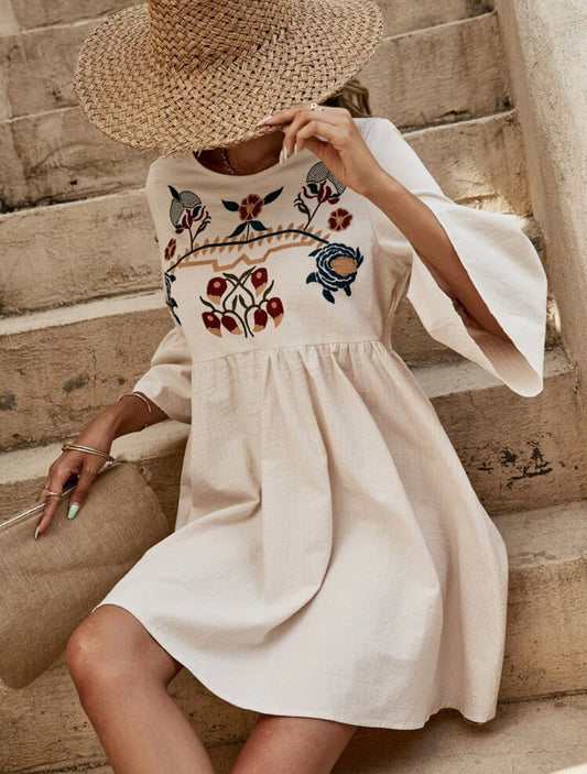 Floral embroidered trumpet sleeve smock dress