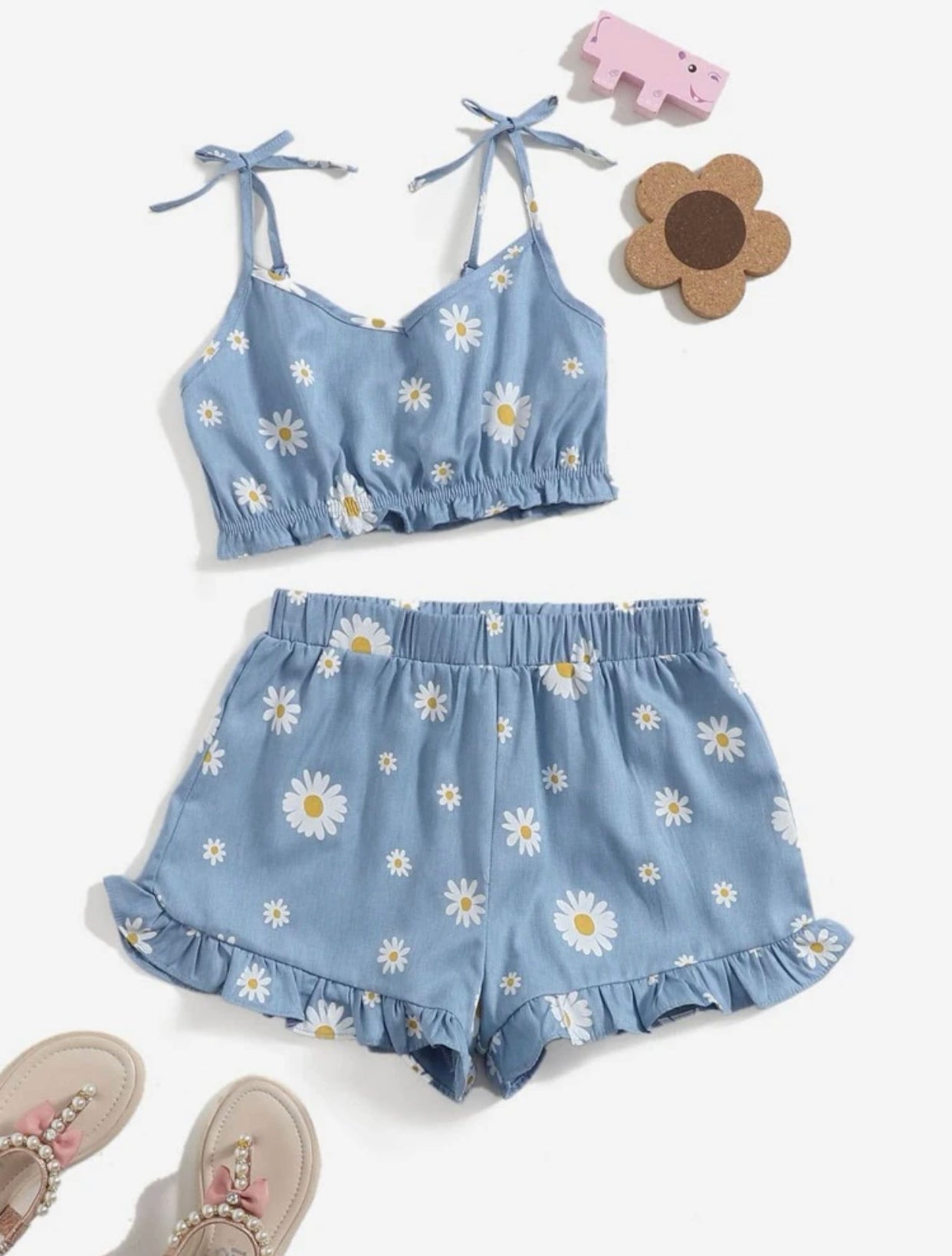 Girls daisy print tie shoulder frill trim cami top & shorts set