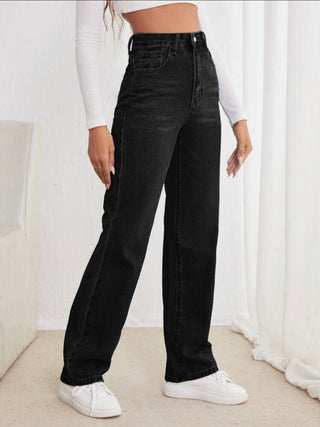 Black high waisted straight leg jeans