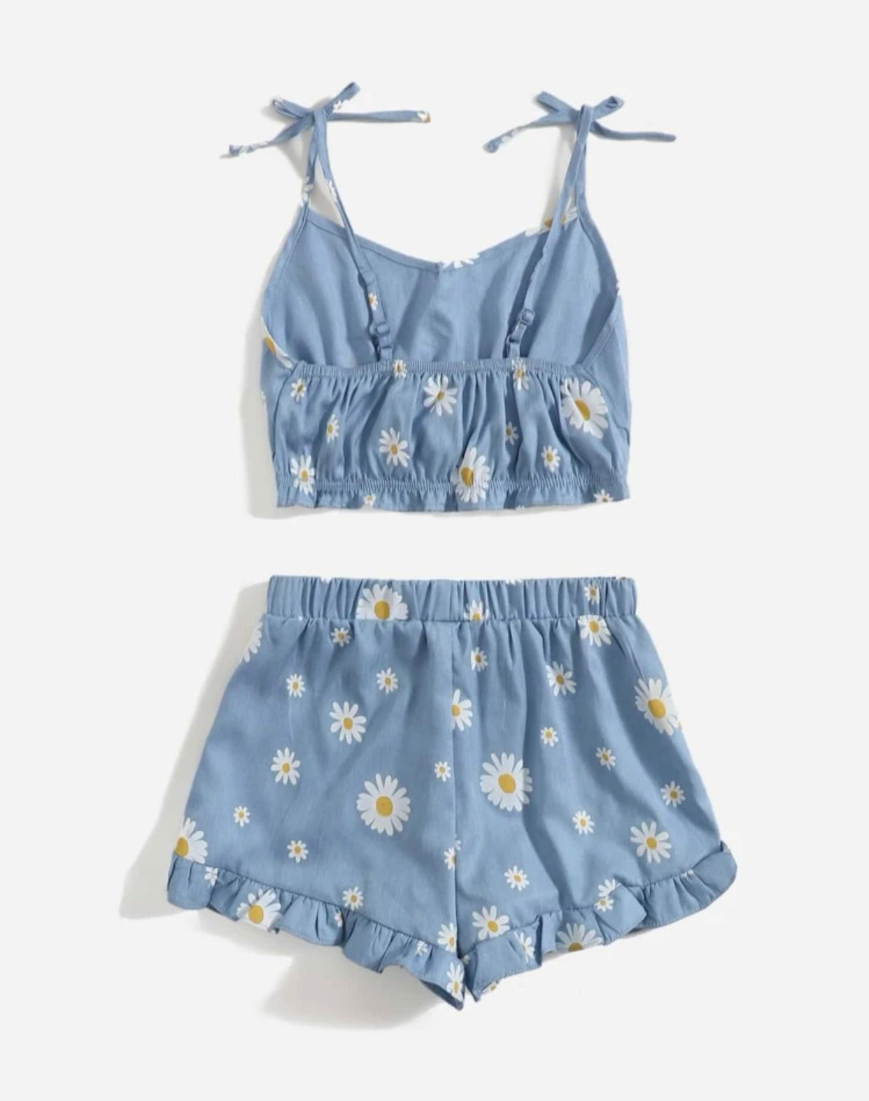Girls daisy print tie shoulder frill trim cami top & shorts set