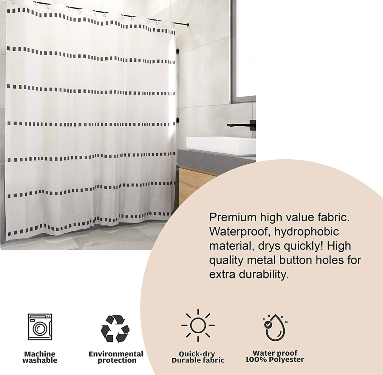 White Shower Curtain for Bathroom Shower Curtains, Shower Curtain Hooks Included, Size 72x72 Boho Shower Curtains