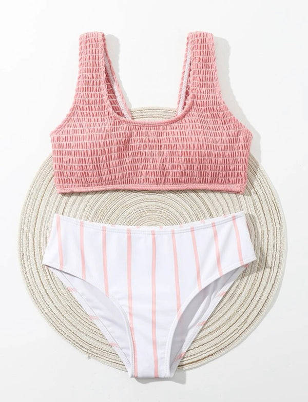 Girls stripe smocked bikini swimsuit