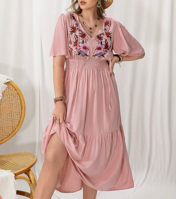 Curve & plus floral embroidered butterfly sleeve shirred waist dress