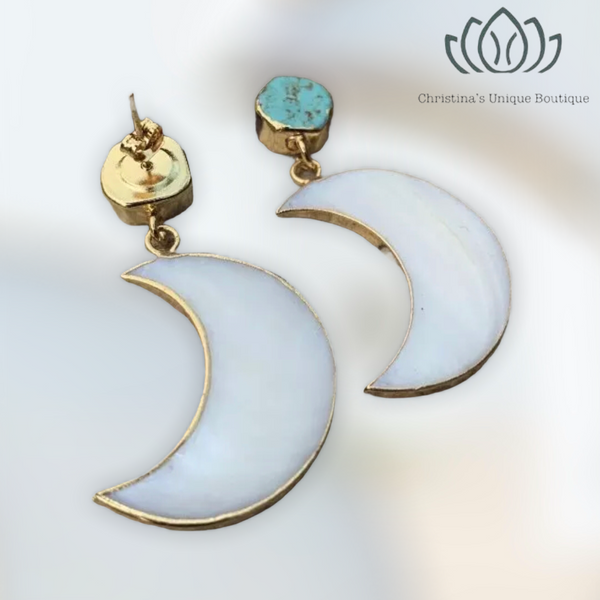 Gorgeous mother of Pearl crescent moon earrings dipped in gold, with raw turquoise. - Christina’s unique boutique LLC