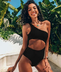 Rib cut-out one shoulder one piece swimsuit