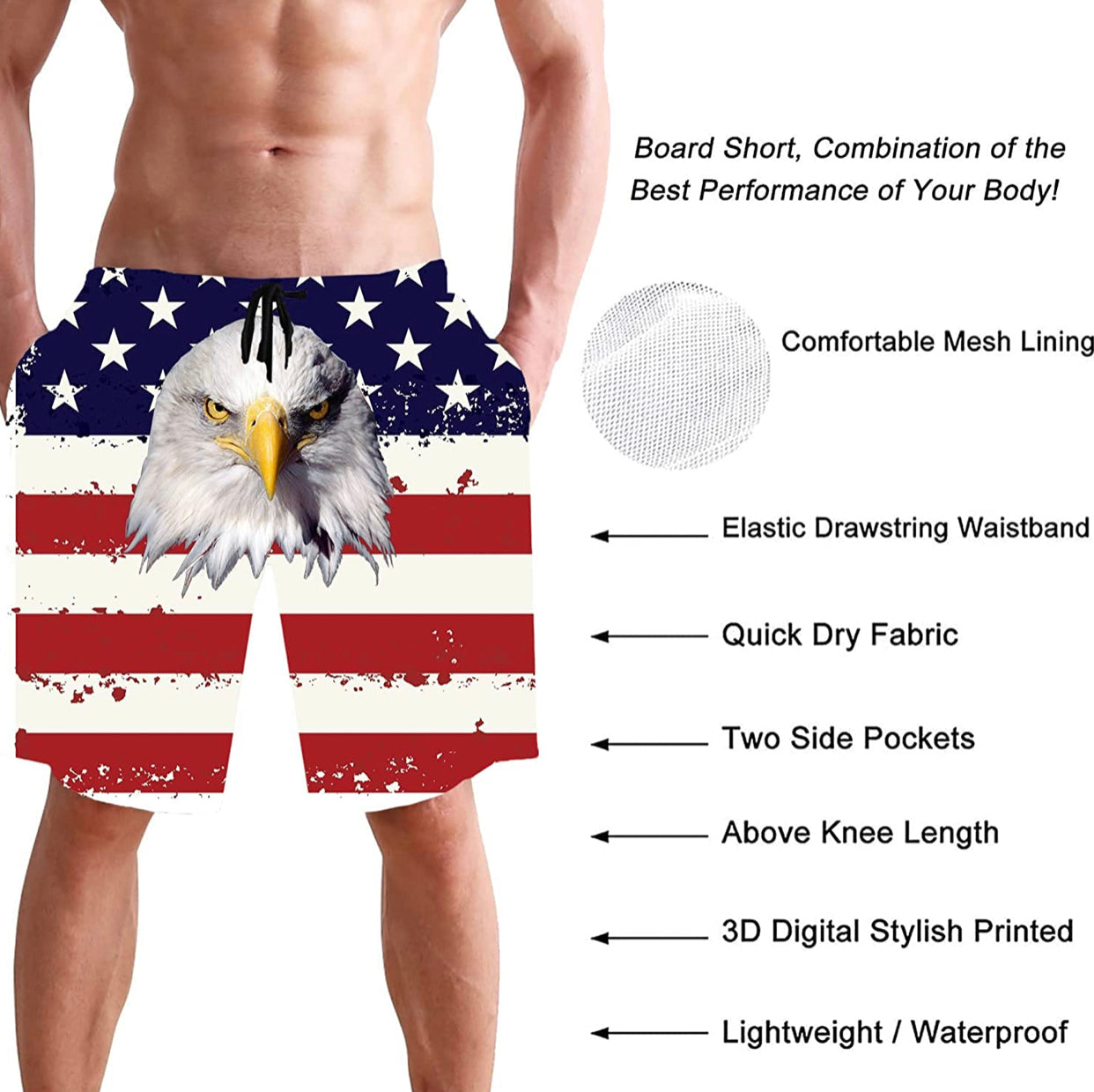 Mens Swim Trunks Quick Dry Summer Beach Shorts Elastic Waist with Mesh Lining and Pockets Board Shorts