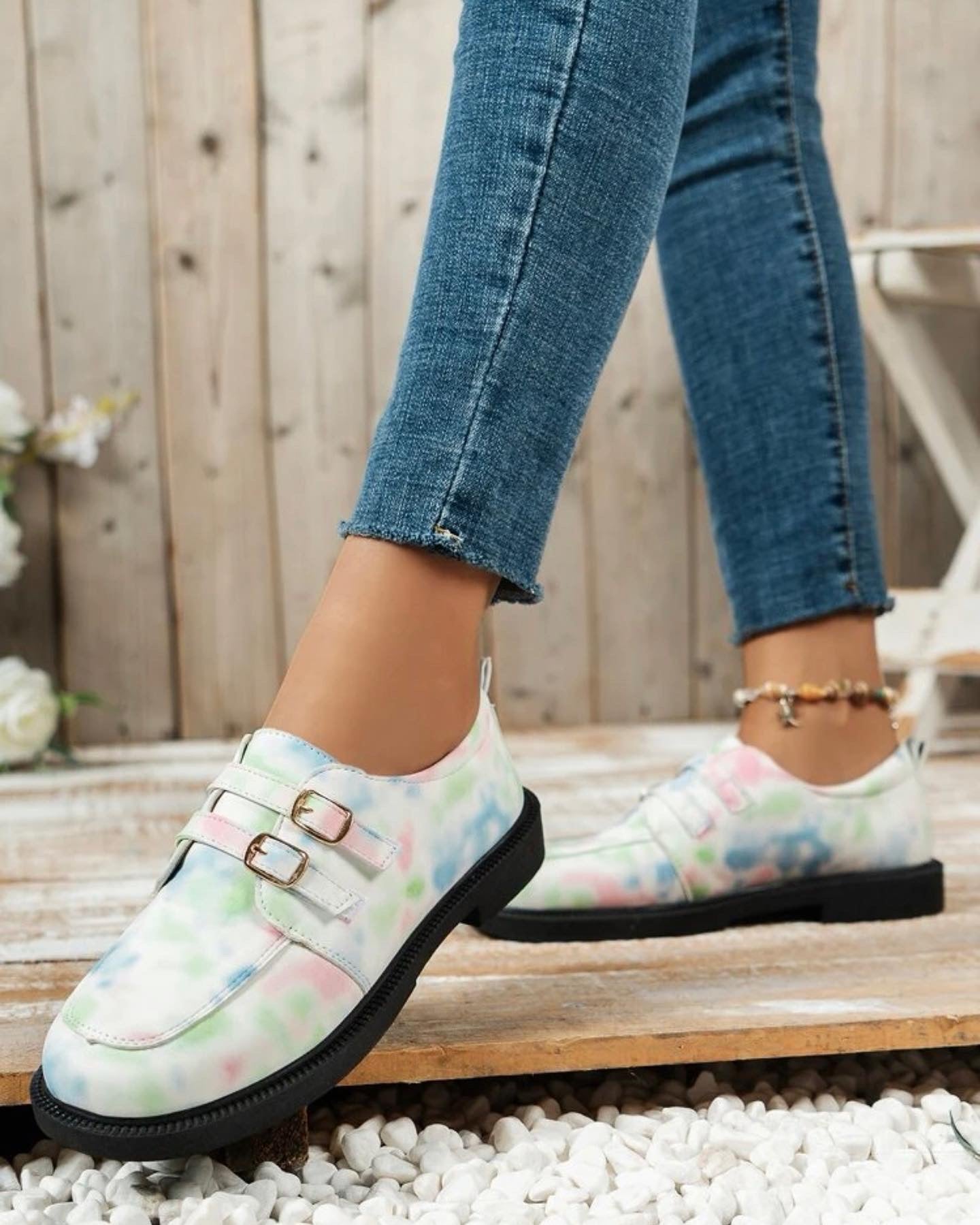 Tie dye buckle decor flat loafers
