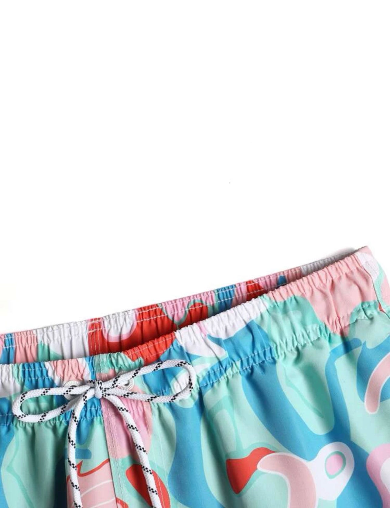 Men Allover Print Letter Patched Drawstring Waist Swim Trunks