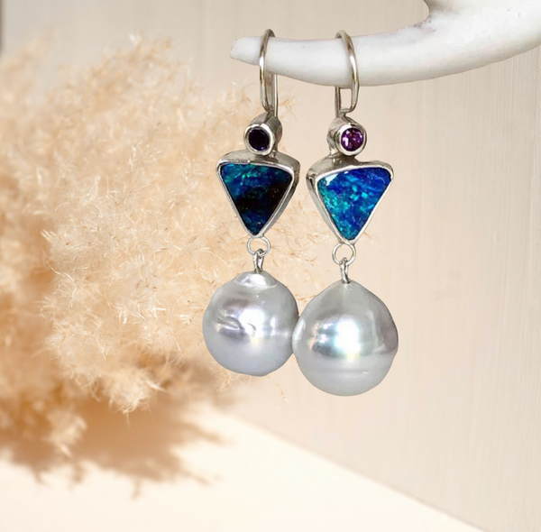 Trendy Triangle Sea Blue/ocean blue Opal pearl Stone Earrings