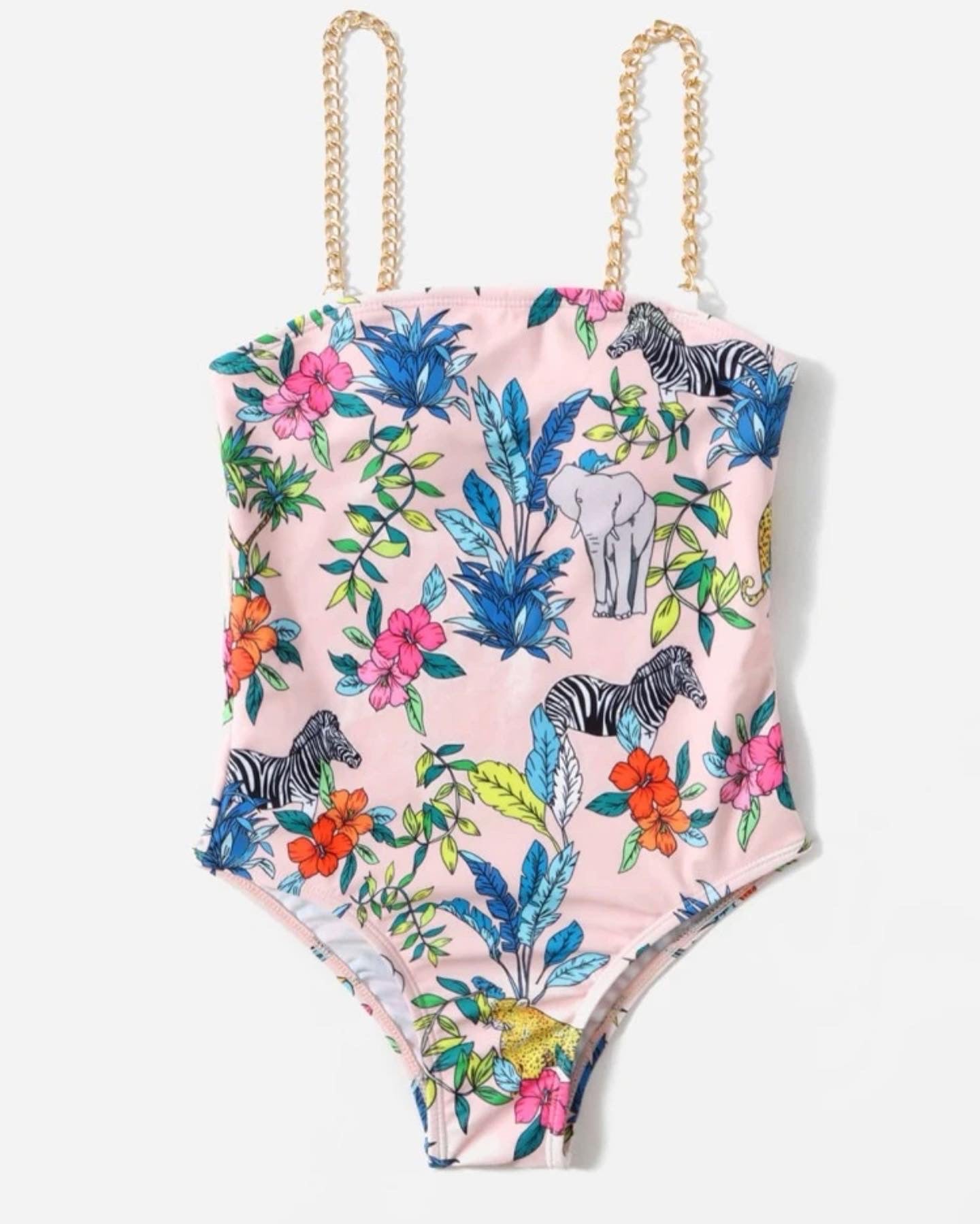 Girls floral print chain linked one piece swimsuit