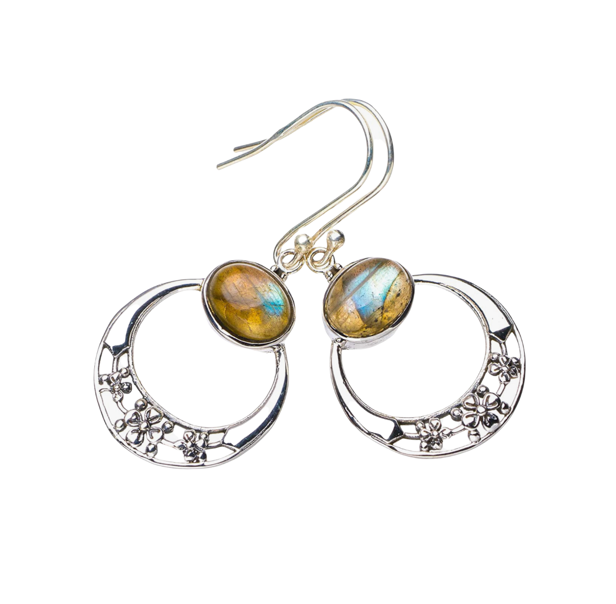 Natural Blue Fire Labradorite Half Moon Handmade 925 Sterling Silver Earrings 1.5"