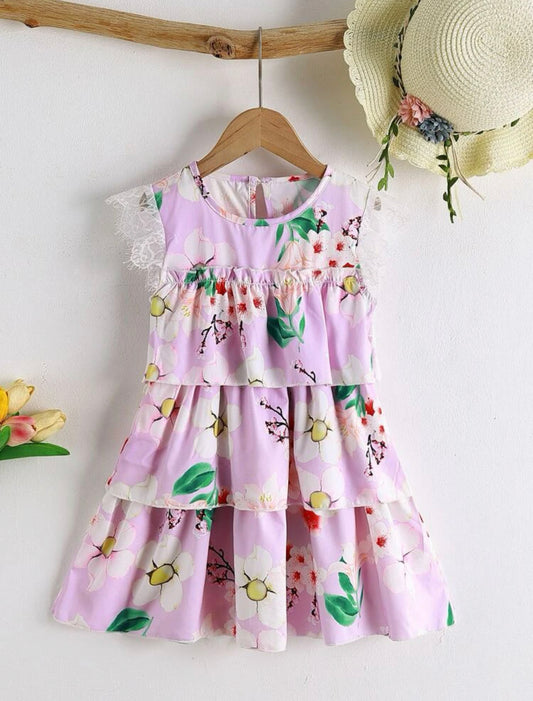 Toddler girls floral print lace panel layered hem dress