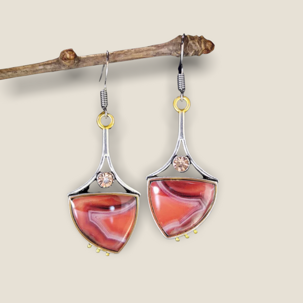 Beautiful carnelian stone inspired zircon two tone dangle earrings