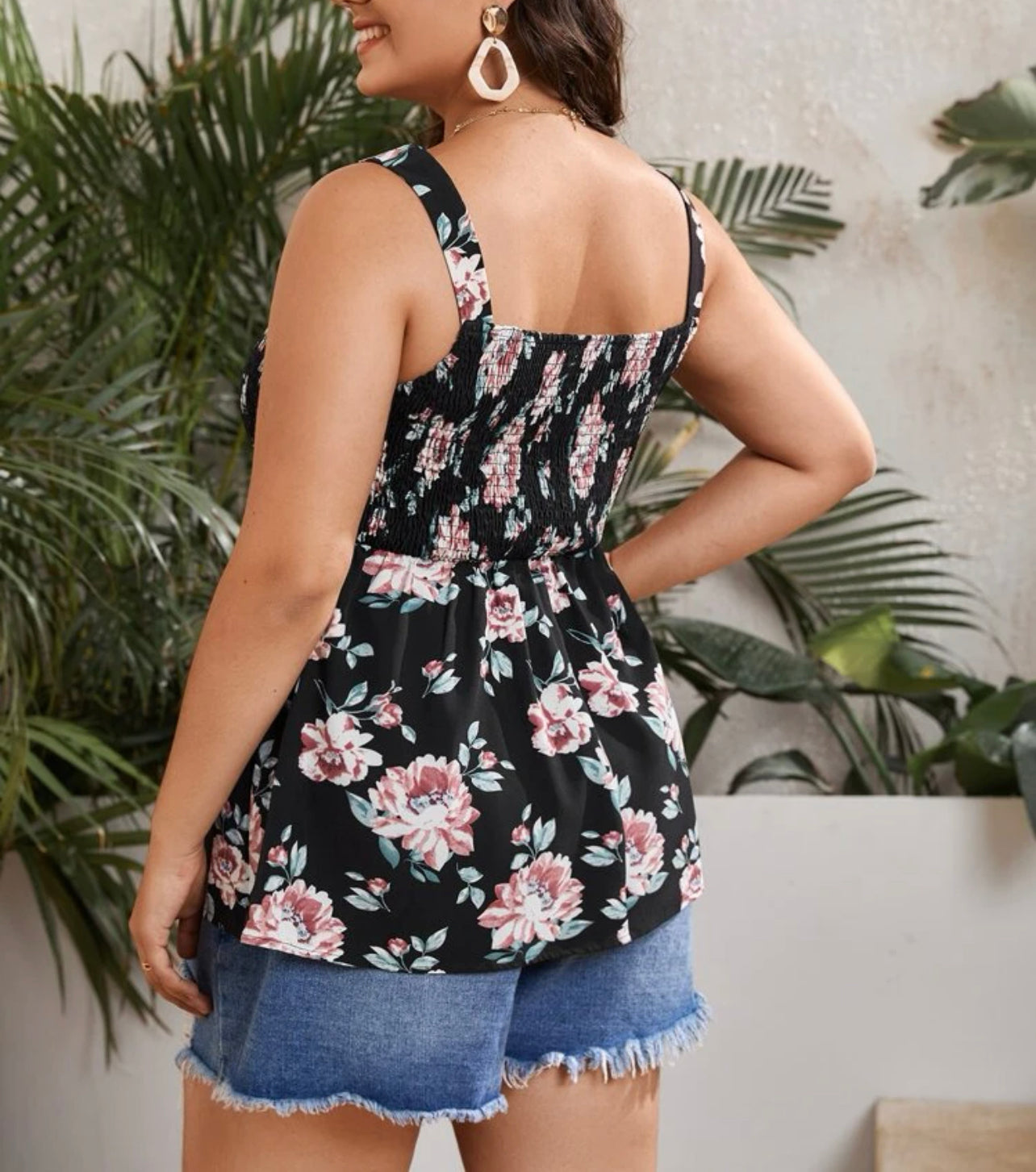 Floral Print Shirred Bust Peplum Cami Top