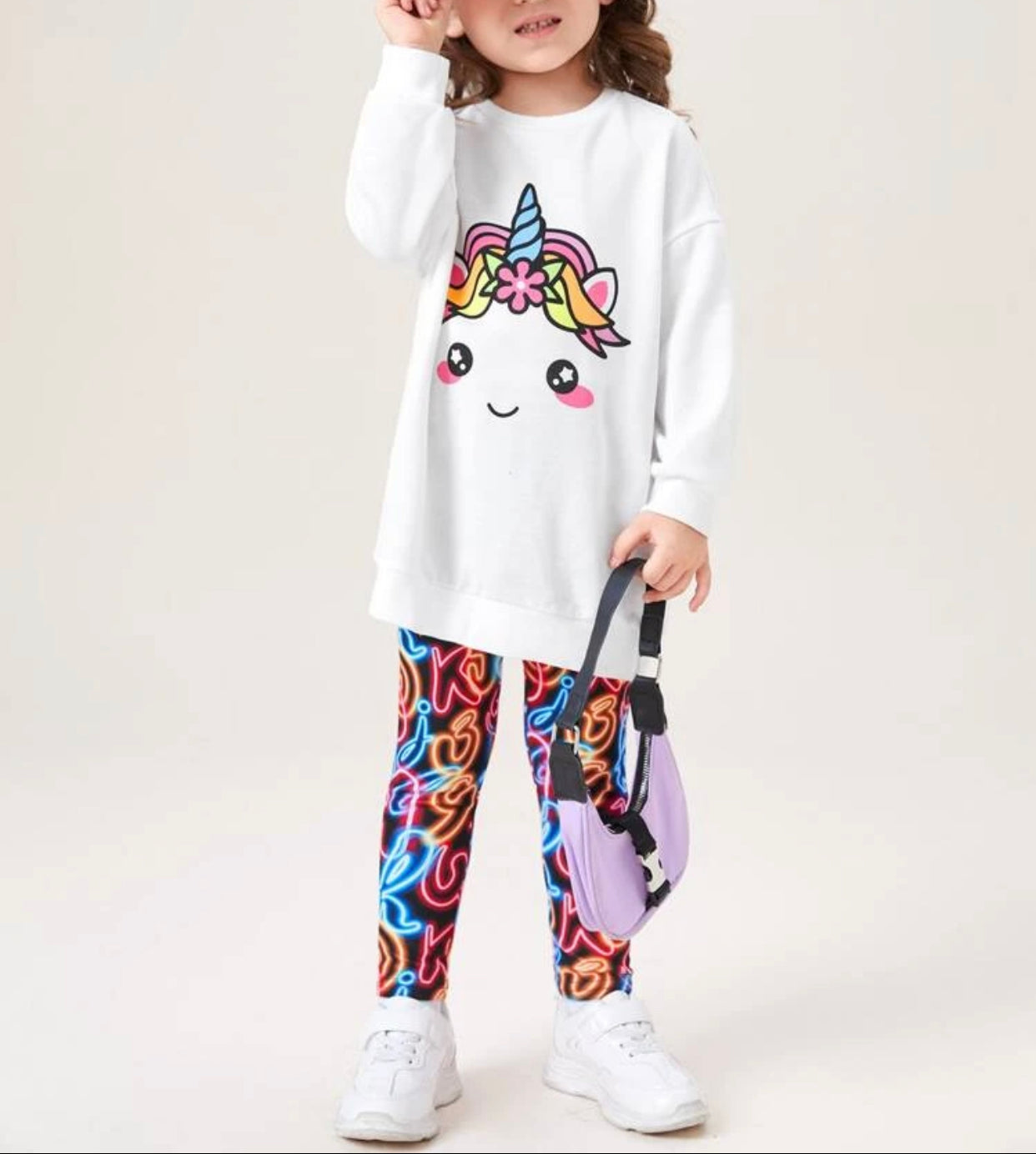 Toddler girls cartoon unicorn print drop shoulder pullover & graphic print leggings