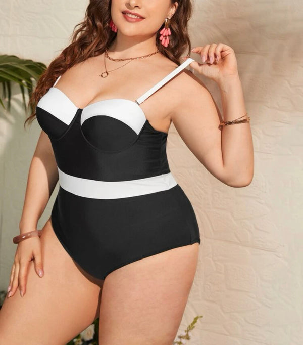 Women’s curve and plus color block push up one piece swimsuit