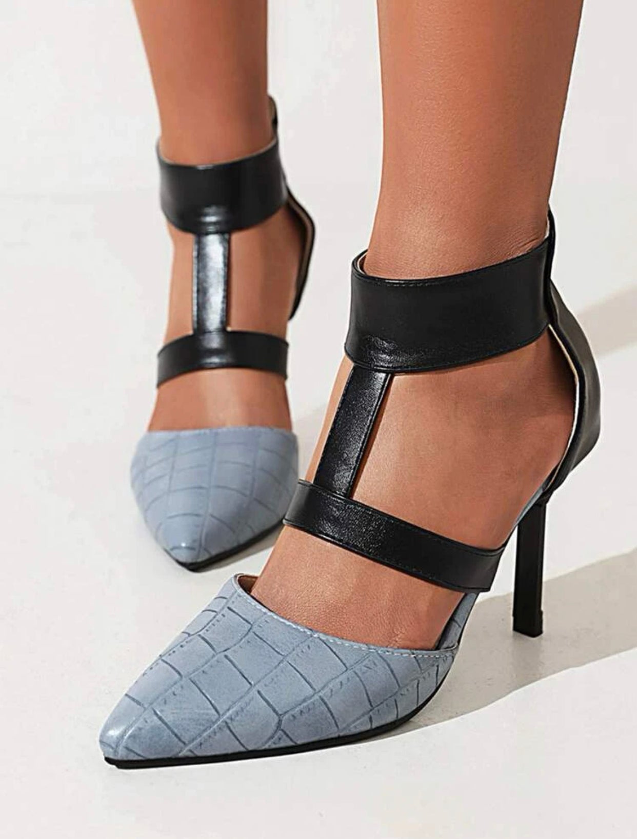 Vegan crocodile embossed stiletto heeled ankle strap pumps