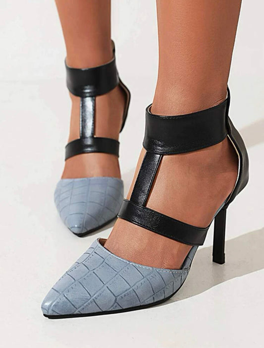 Vegan crocodile embossed stiletto heeled ankle strap pumps