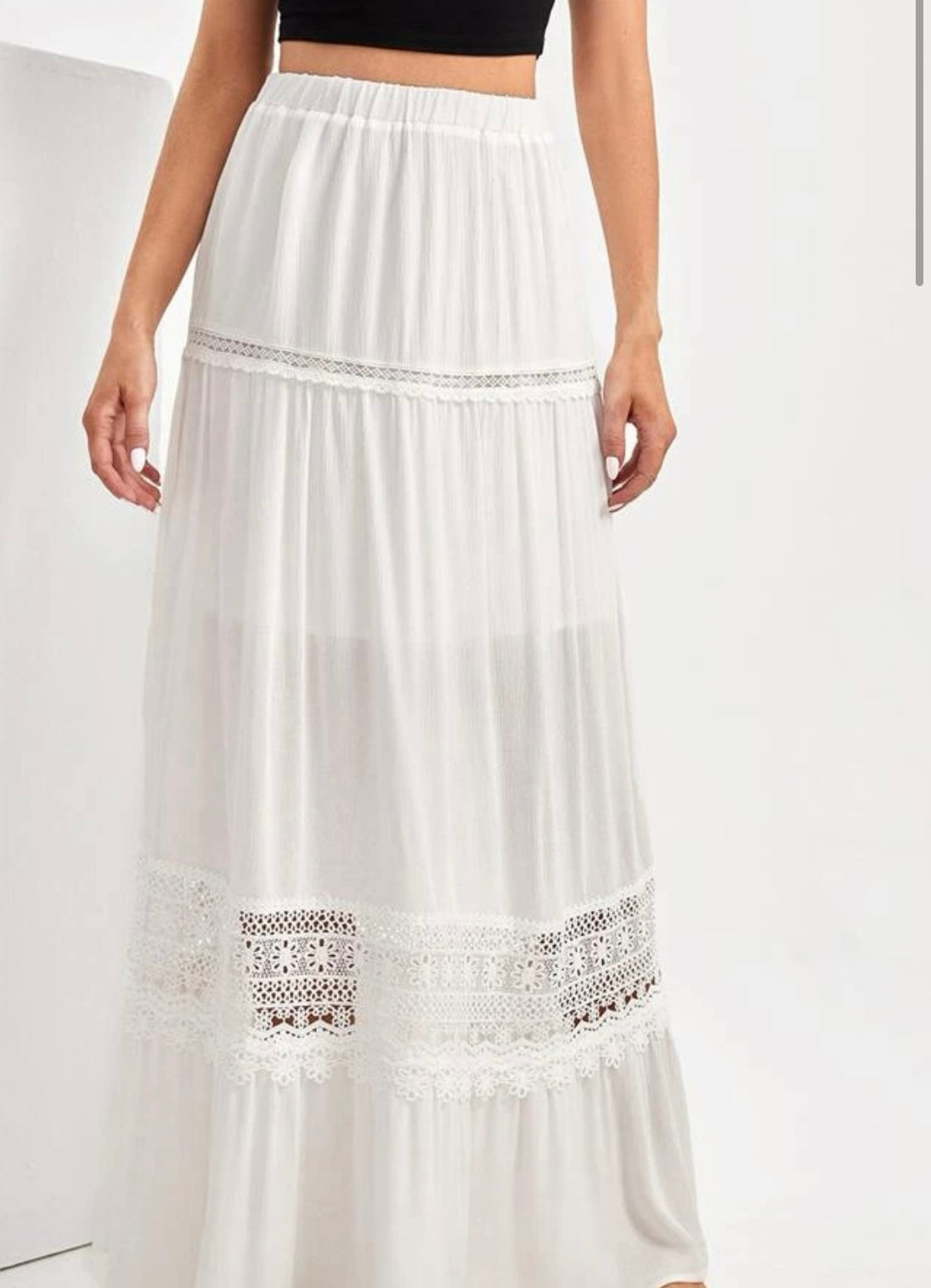 Tall high waist guipure lace insert ruffle hem skirt