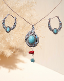 Turquoise and coral inspired Stone decor hoop earrings and necklace