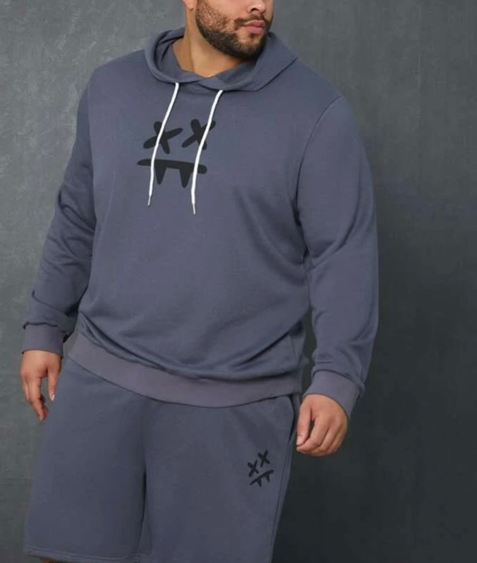 Extended Sizes Men Cartoon Face Print Drawstring Hoodie & Shorts