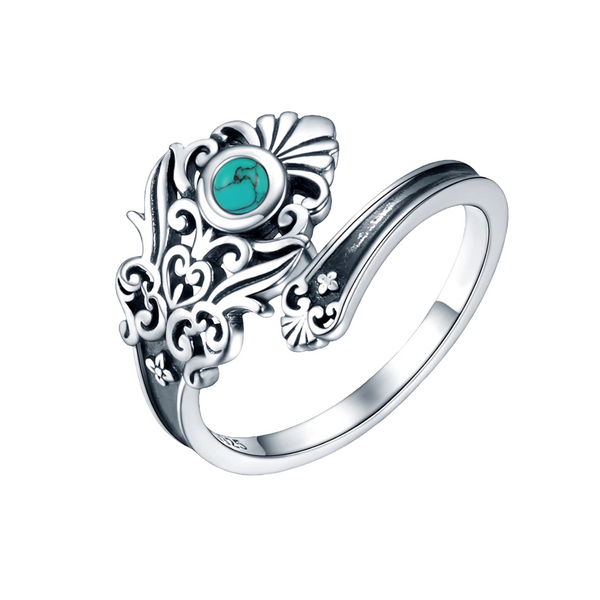 Sterling Silver Turquoise Spoon Ring - S925 Victorian Vintage style adjustable ring.