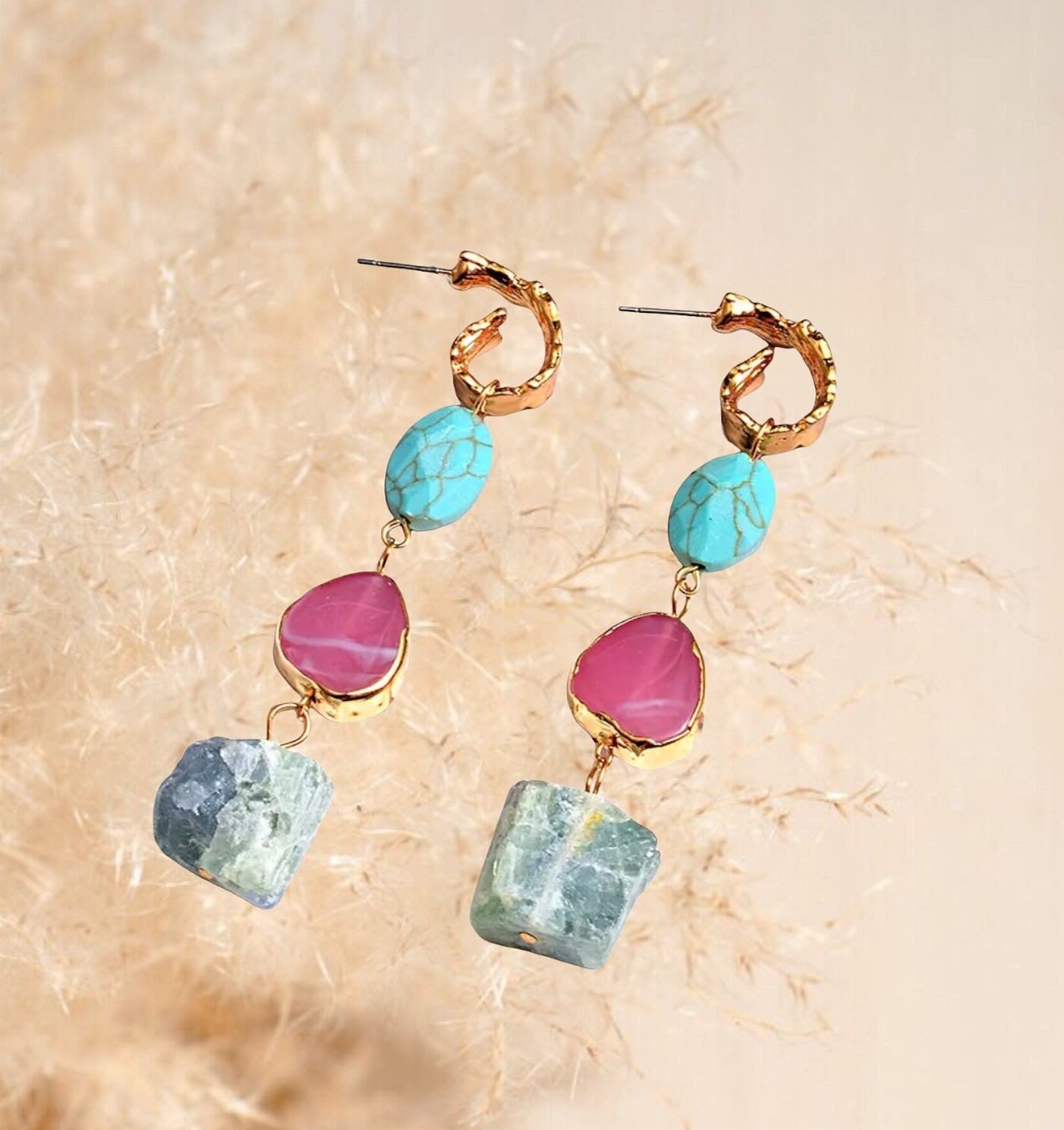 Colorful Long Irregular Natural Stone Earrings High-quality Handmade Drop Earrings.