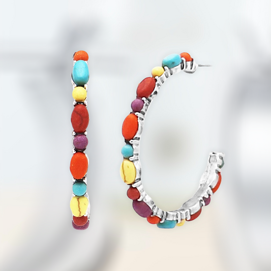 Women's Western Style Semi Precious Howlite Stone Hoop Hypoallergenic Post Earrings, 30mm-40mm