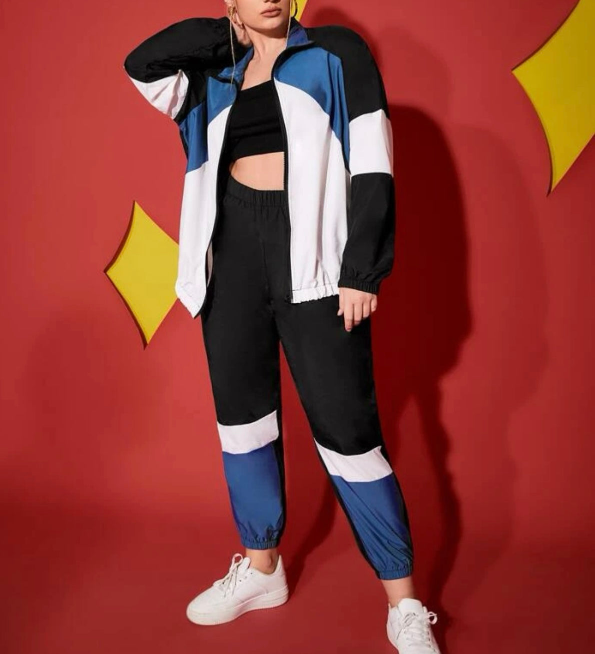 Plus color block sports jacket and sports pant