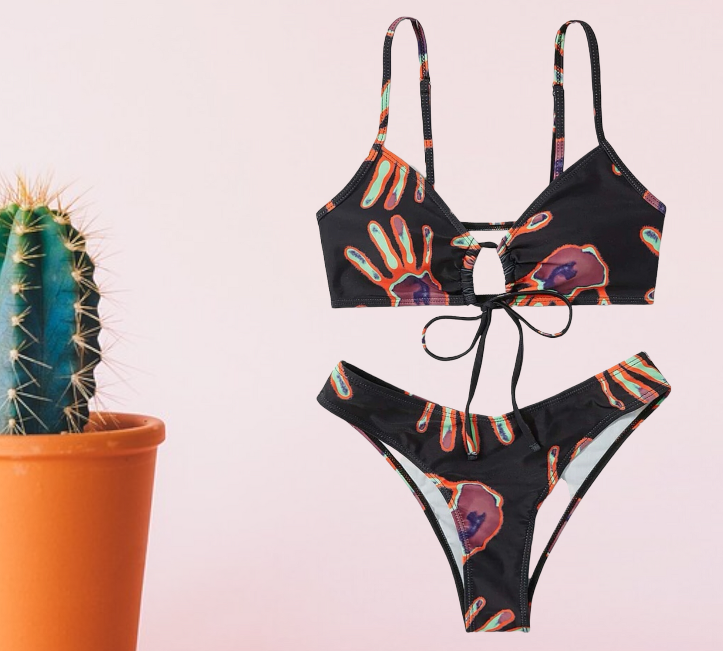 Street life hand print drawstring bikini swimsuit