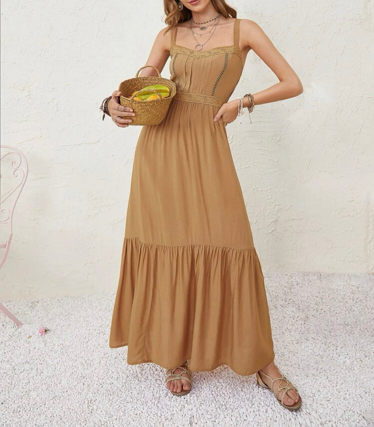 Contrast lace tie backless hem dress