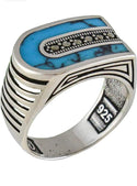 Solid 925 Sterling Silver Turkish Handmade Marcasite & Simulated Turquoise Luxury Men's Ring - Christina’s unique boutique LLC