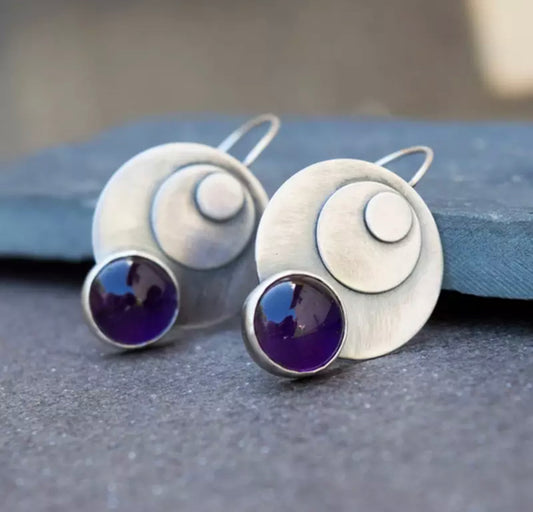 Retro Round Metal Purple Stone Drop Earrings