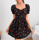 Petite cherry print ruched bust A-line dress