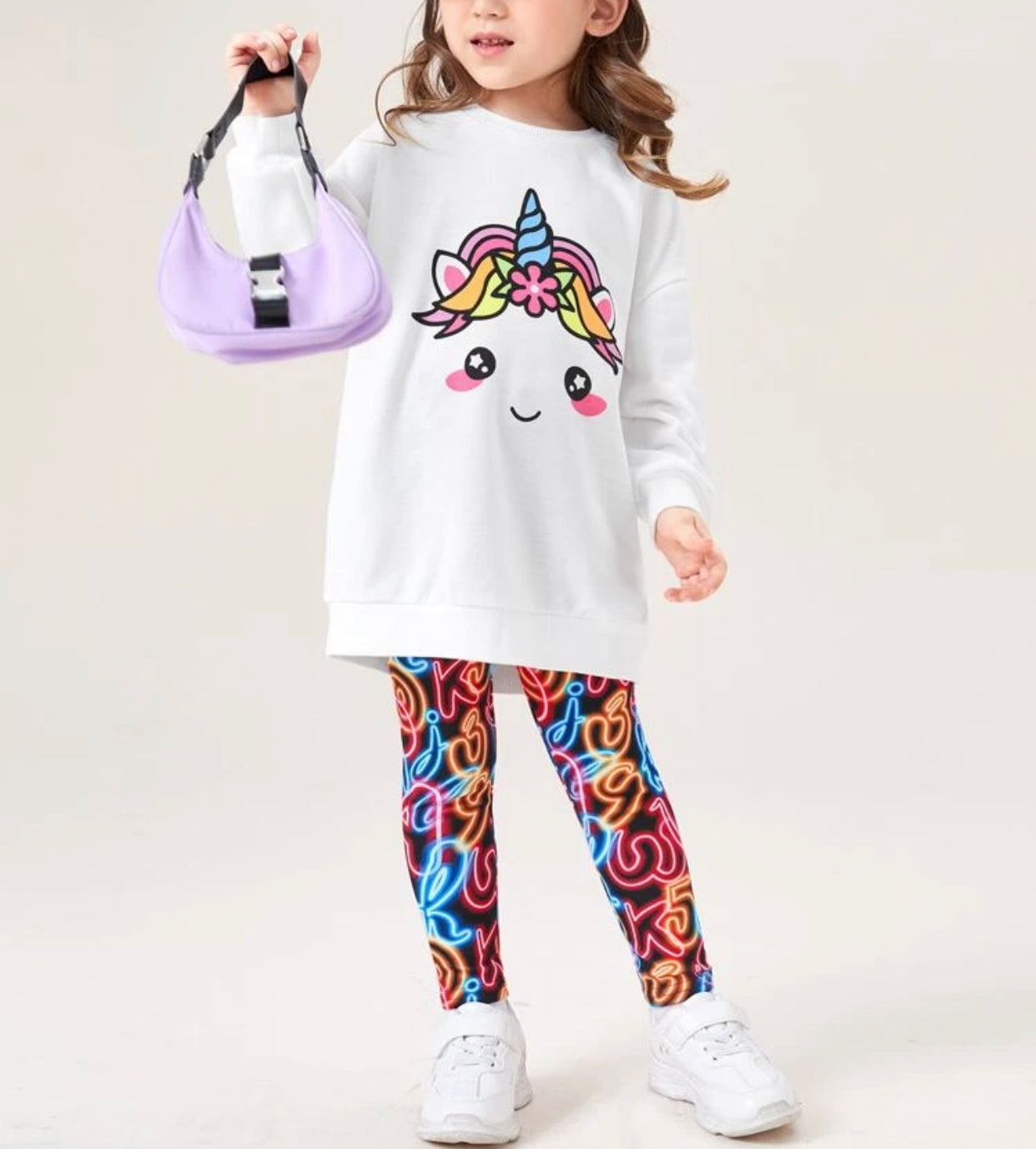 Toddler girls cartoon unicorn print drop shoulder pullover & graphic print leggings