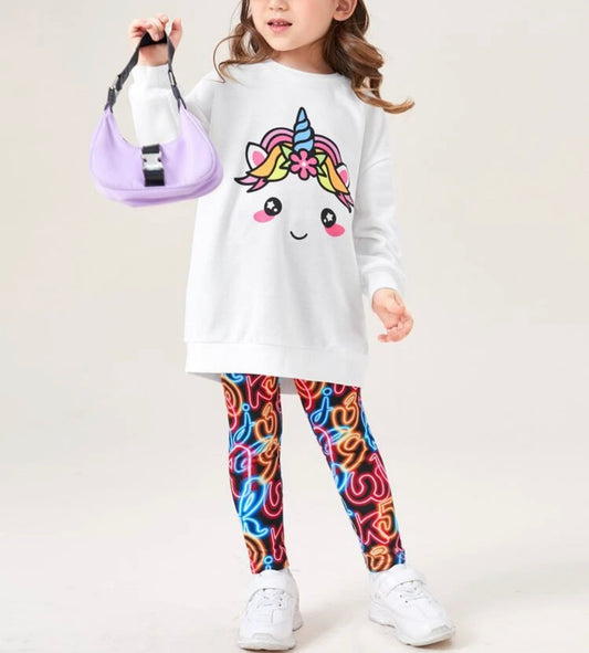 Toddler girls cartoon unicorn print drop shoulder pullover & graphic print leggings