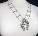 Stone Center Squash Blossom Silver Tone Double Chain Boutique Style Statement Necklace & Dangle Earrings Set