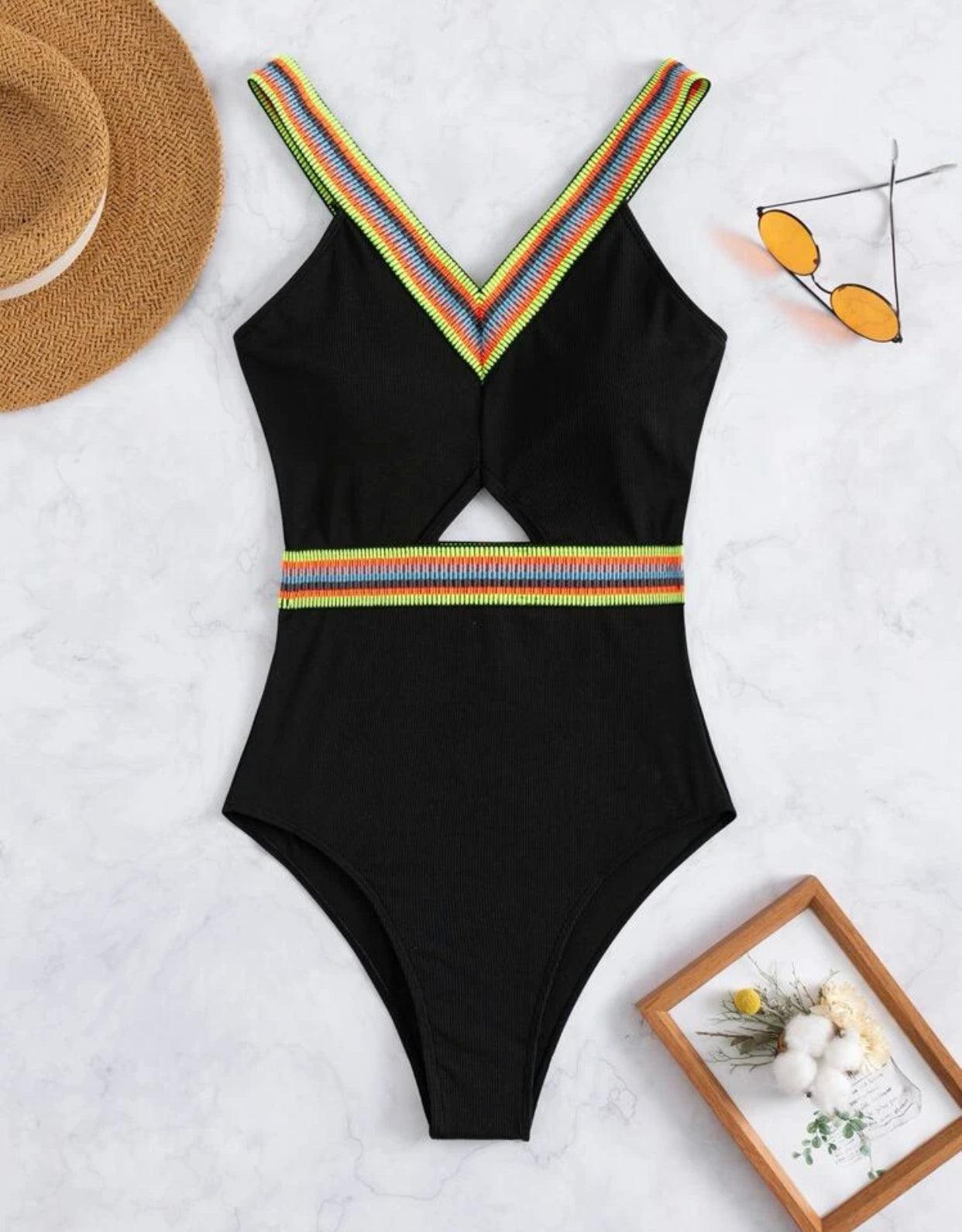 Striped tape one piece swimsuit